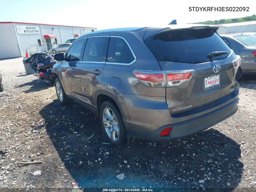 2014 Toyota Highlander Limited Platinum V6 VIN: 5TDYKRFH3ES022092 Lot: 42254174