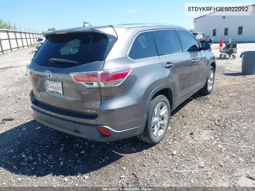 2014 Toyota Highlander Limited Platinum V6 VIN: 5TDYKRFH3ES022092 Lot: 42254174