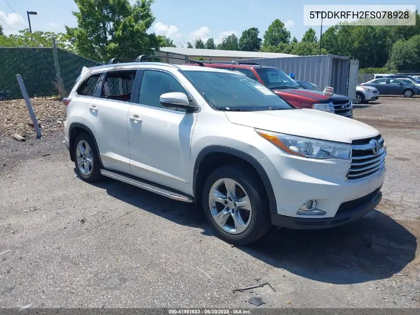 2015 Toyota Highlander Limited V6 VIN: 5TDDKRFH2FS078928 Lot: 41981643