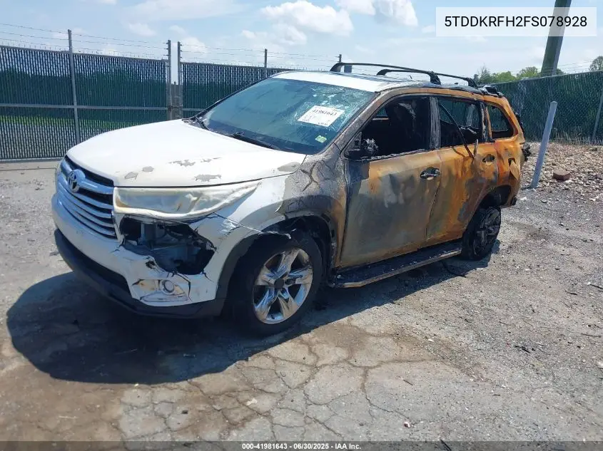 2015 Toyota Highlander Limited V6 VIN: 5TDDKRFH2FS078928 Lot: 41981643