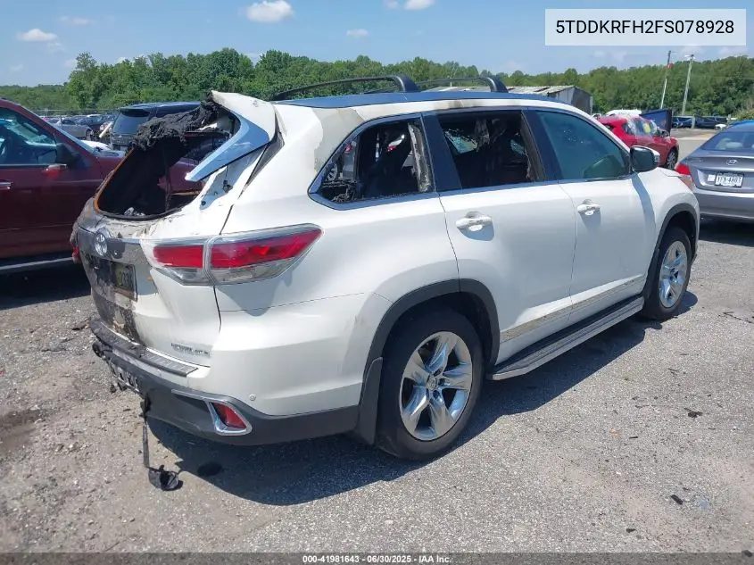 2015 Toyota Highlander Limited V6 VIN: 5TDDKRFH2FS078928 Lot: 41981643