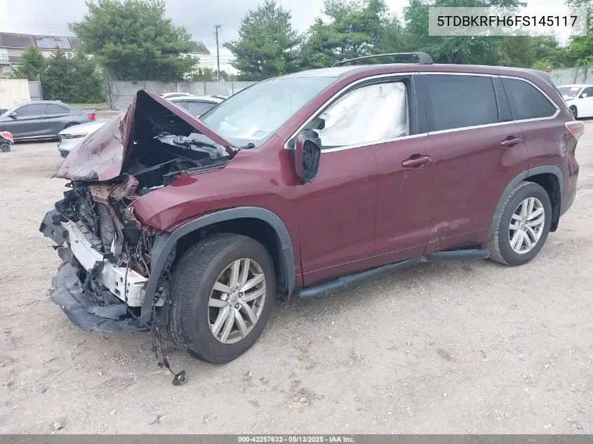 2015 Toyota Highlander Le V6 VIN: 5TDBKRFH6FS145117 Lot: 42257633