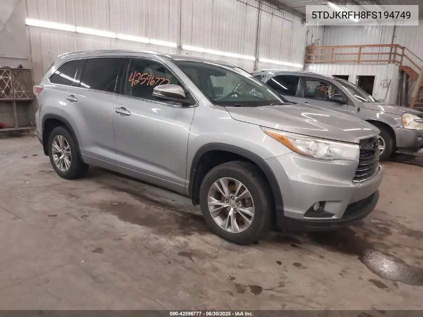 2015 Toyota Highlander Xle V6 VIN: 5TDJKRFH8FS194749 Lot: 42596777