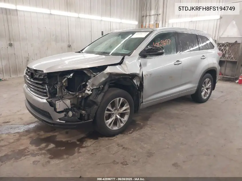 2015 Toyota Highlander Xle V6 VIN: 5TDJKRFH8FS194749 Lot: 42596777