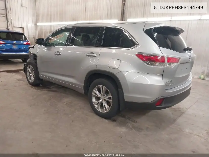 2015 Toyota Highlander Xle V6 VIN: 5TDJKRFH8FS194749 Lot: 42596777