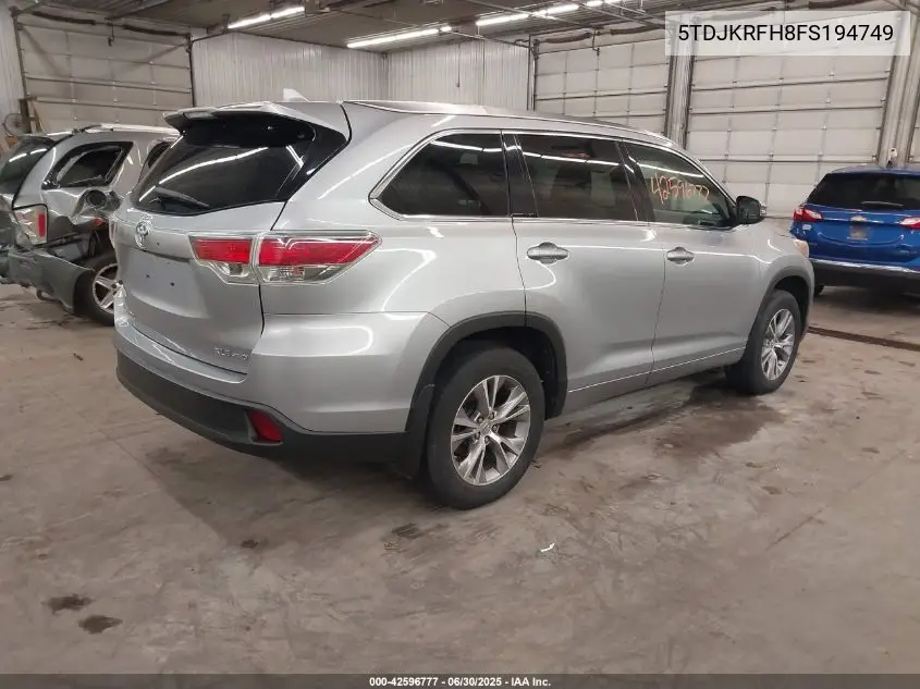 2015 Toyota Highlander Xle V6 VIN: 5TDJKRFH8FS194749 Lot: 42596777