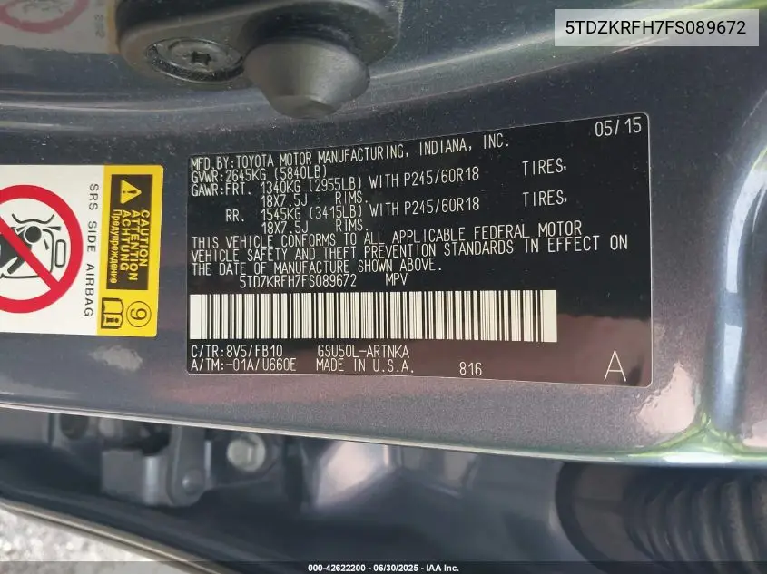 5tdzkrfh7fs089672 5TDZKRFH7FS089672 2015 Toyota Highlander Le V6