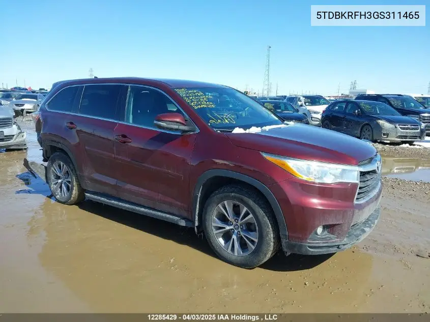 2016 Toyota Highlander VIN: 5TDBKRFH3GS311465 Lot: 12285429