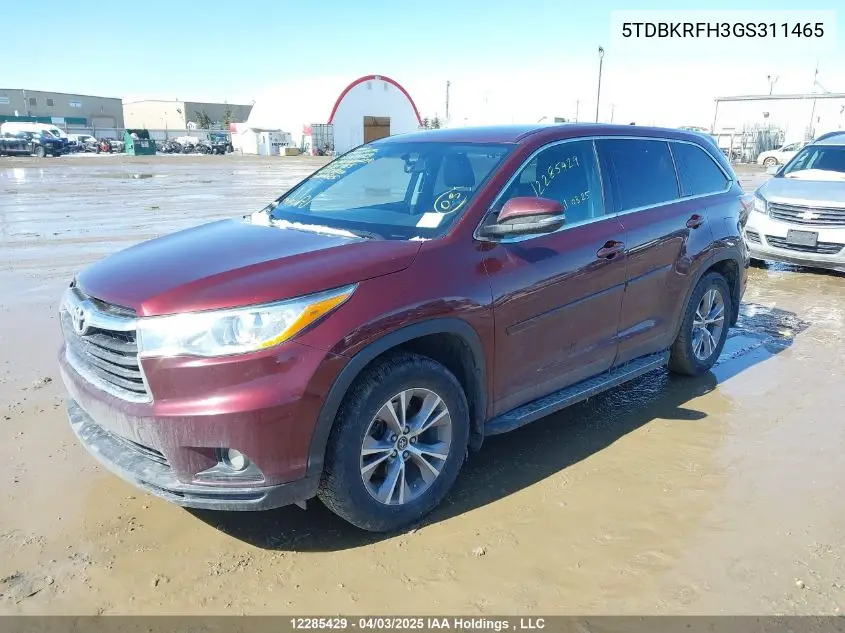 2016 Toyota Highlander VIN: 5TDBKRFH3GS311465 Lot: 12285429