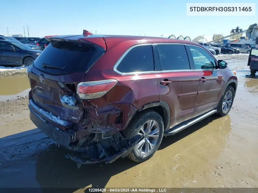 2016 Toyota Highlander VIN: 5TDBKRFH3GS311465 Lot: 12285429