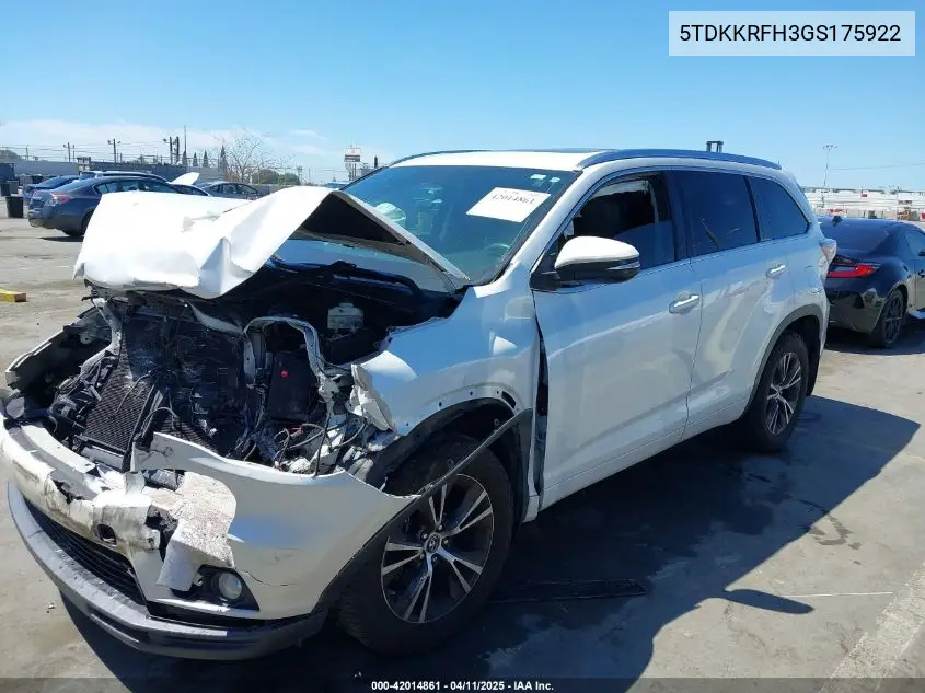 2016 Toyota Highlander Xle V6 VIN: 5TDKKRFH3GS175922 Lot: 42014861