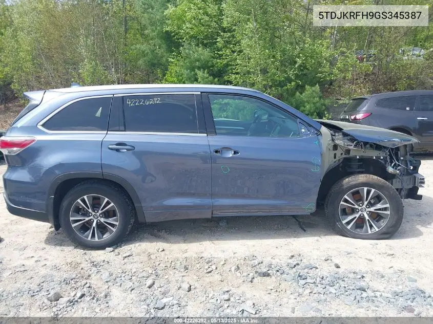 2016 Toyota Highlander Xle V6 VIN: 5TDJKRFH9GS345387 Lot: 42226292
