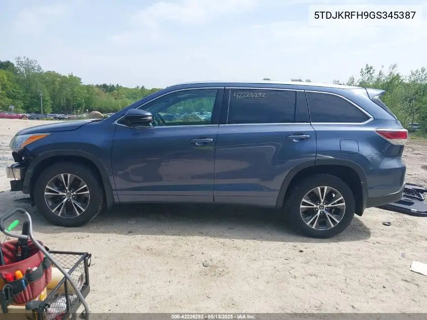 2016 Toyota Highlander Xle V6 VIN: 5TDJKRFH9GS345387 Lot: 42226292