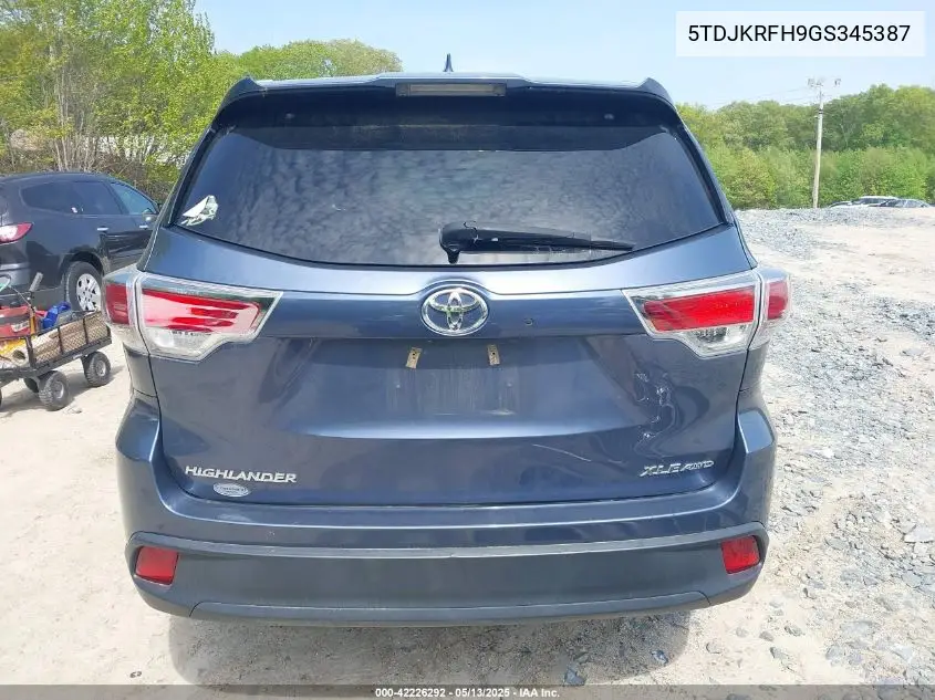 2016 Toyota Highlander Xle V6 VIN: 5TDJKRFH9GS345387 Lot: 42226292