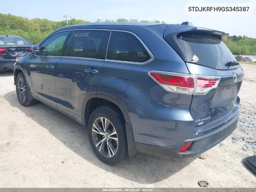 2016 Toyota Highlander Xle V6 VIN: 5TDJKRFH9GS345387 Lot: 42226292