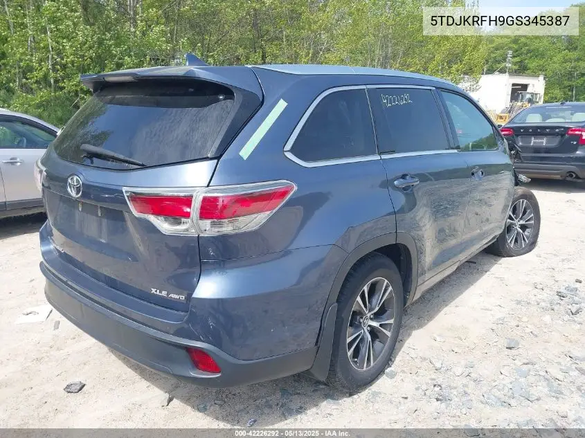 2016 Toyota Highlander Xle V6 VIN: 5TDJKRFH9GS345387 Lot: 42226292