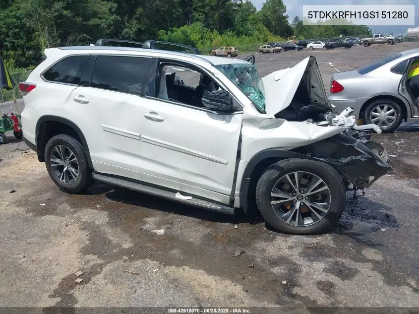 2016 Toyota Highlander Xle VIN: 5TDKKRFH1GS151280 Lot: 42618070