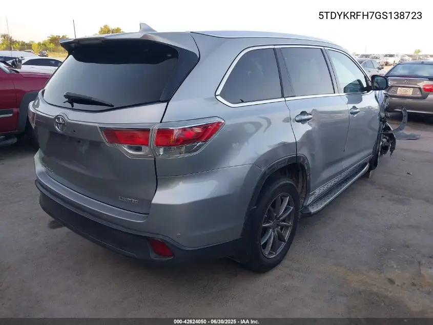 2016 Toyota Highlander Limited/Ltd Platinum VIN: 5TDYKRFH7GS138723 Lot: 42624050