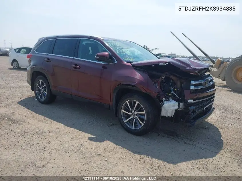 2019 Toyota Highlander Se/Xle VIN: 5TDJZRFH2KS934835 Lot: 12331114