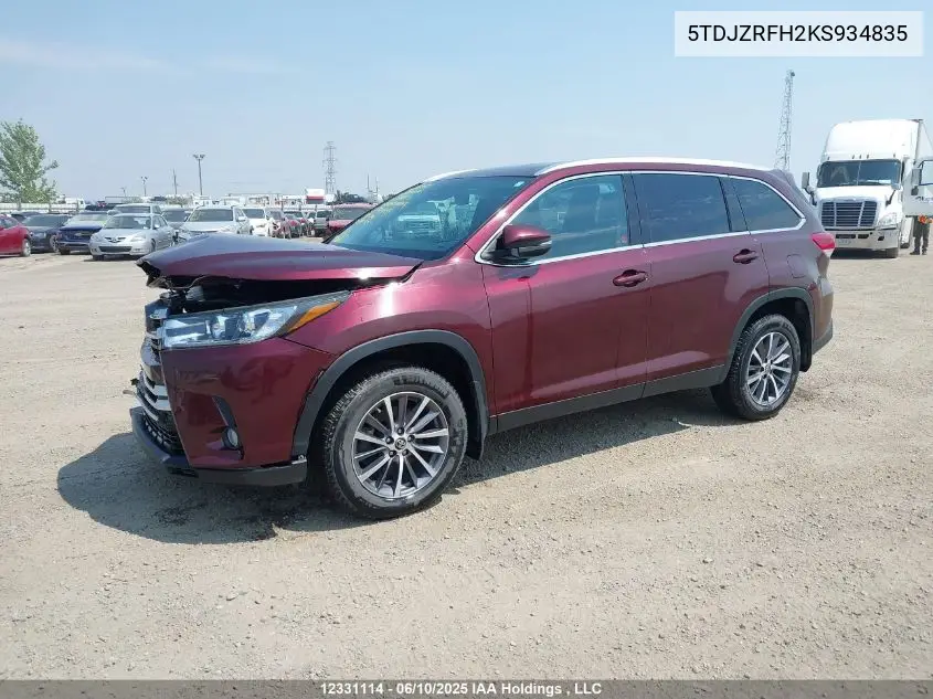 2019 Toyota Highlander Se/Xle VIN: 5TDJZRFH2KS934835 Lot: 12331114