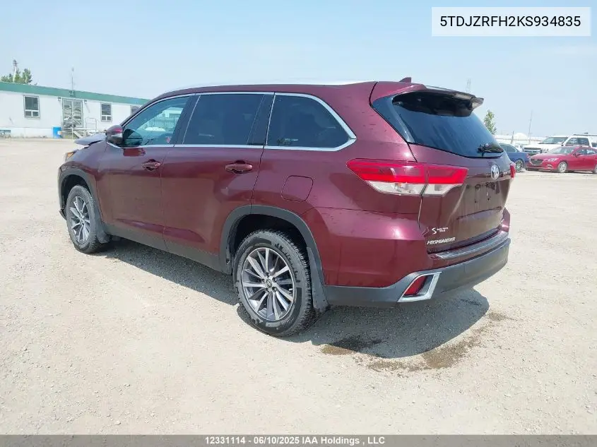 2019 Toyota Highlander Se/Xle VIN: 5TDJZRFH2KS934835 Lot: 12331114