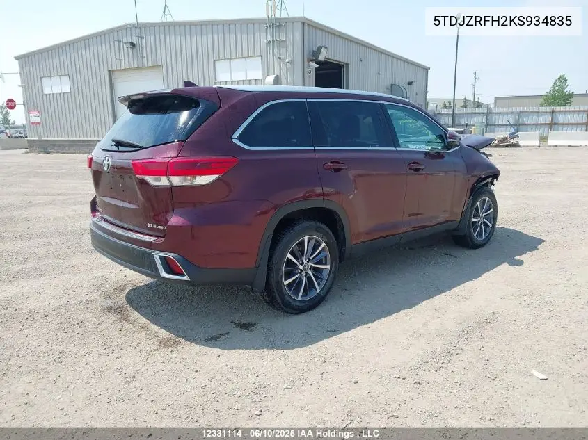 2019 Toyota Highlander Se/Xle VIN: 5TDJZRFH2KS934835 Lot: 12331114