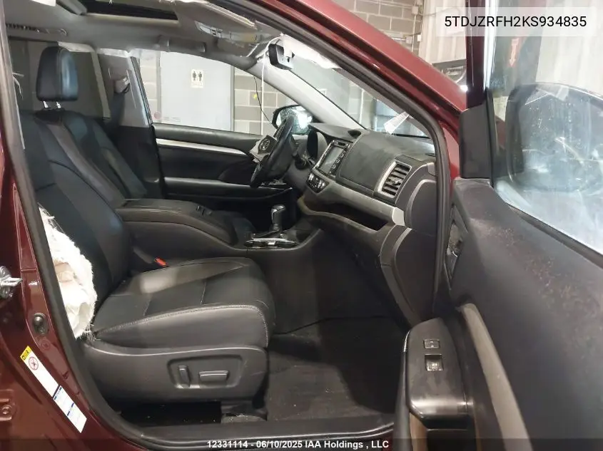 2019 Toyota Highlander Se/Xle VIN: 5TDJZRFH2KS934835 Lot: 12331114