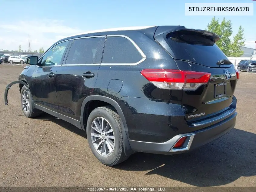 2019 Toyota Highlander Xle VIN: 5TDJZRFH8KS566578 Lot: 12339067