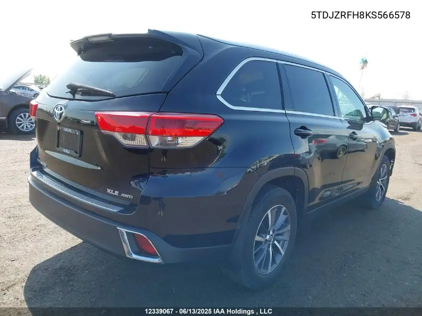2019 Toyota Highlander Xle VIN: 5TDJZRFH8KS566578 Lot: 12339067