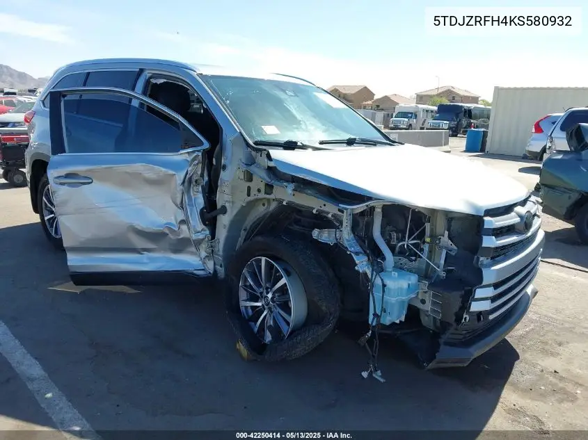 2019 Toyota Highlander Xle VIN: 5TDJZRFH4KS580932 Lot: 42250414