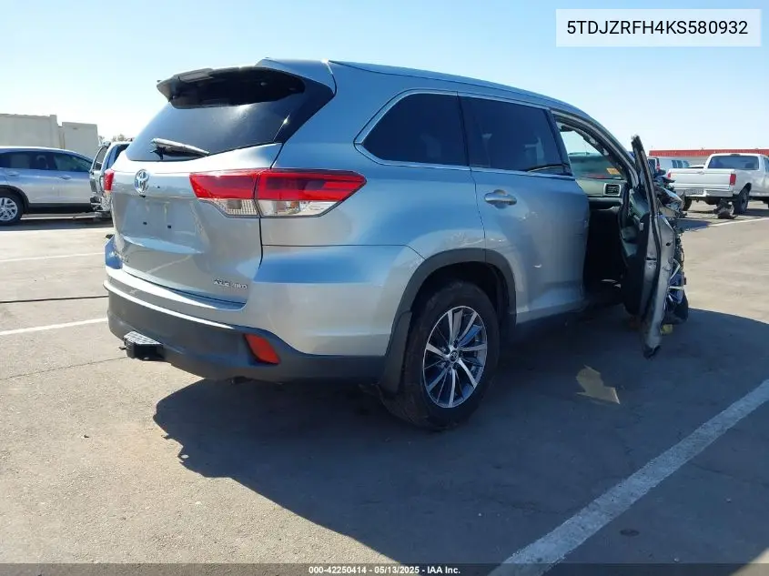 2019 Toyota Highlander Xle VIN: 5TDJZRFH4KS580932 Lot: 42250414