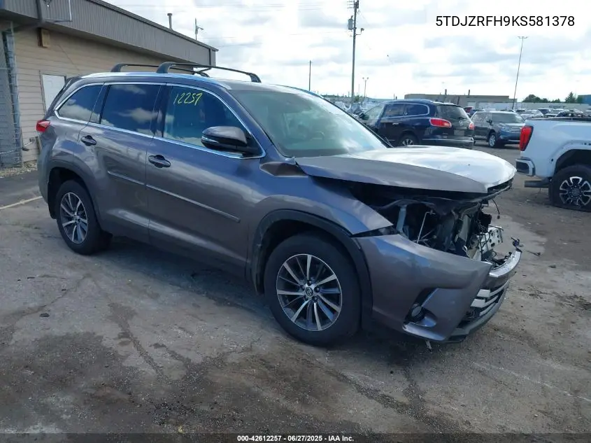 2019 Toyota Highlander Xle VIN: 5TDJZRFH9KS581378 Lot: 42612257