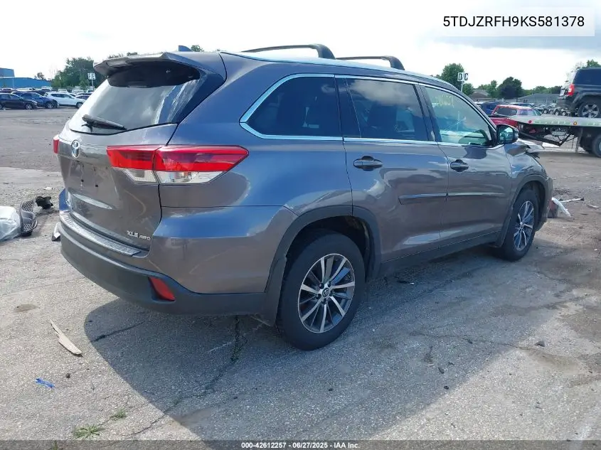 2019 Toyota Highlander Xle VIN: 5TDJZRFH9KS581378 Lot: 42612257