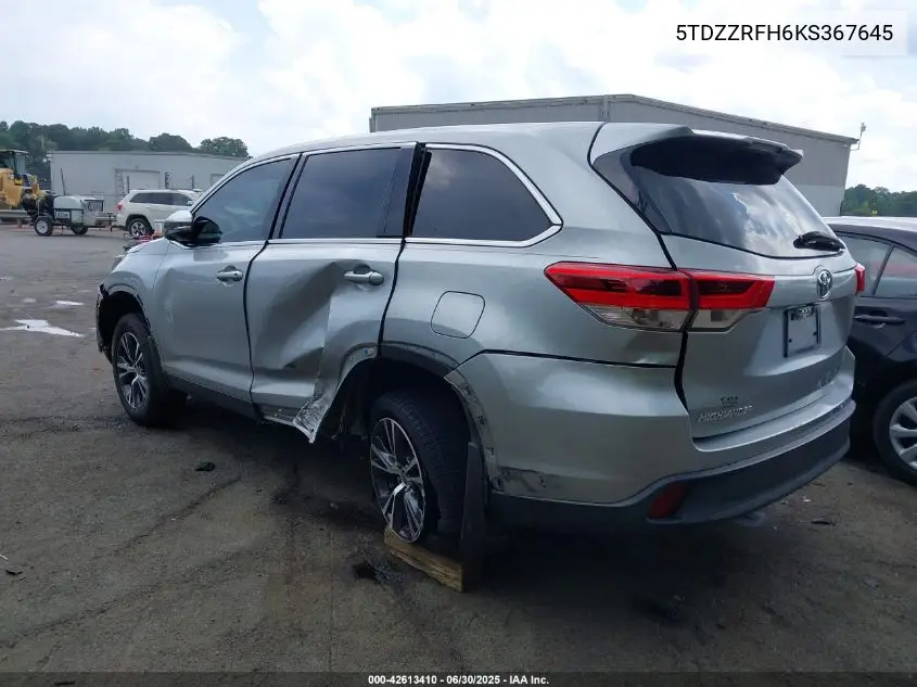 2019 Toyota Highlander Le VIN: 5TDZZRFH6KS367645 Lot: 42613410