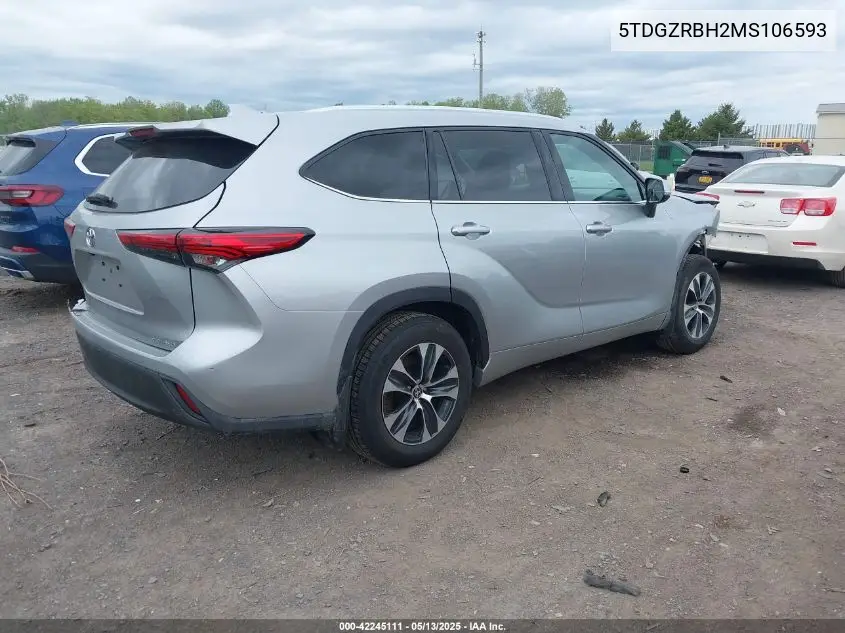 2021 Toyota Highlander Xle VIN: 5TDGZRBH2MS106593 Lot: 42245111
