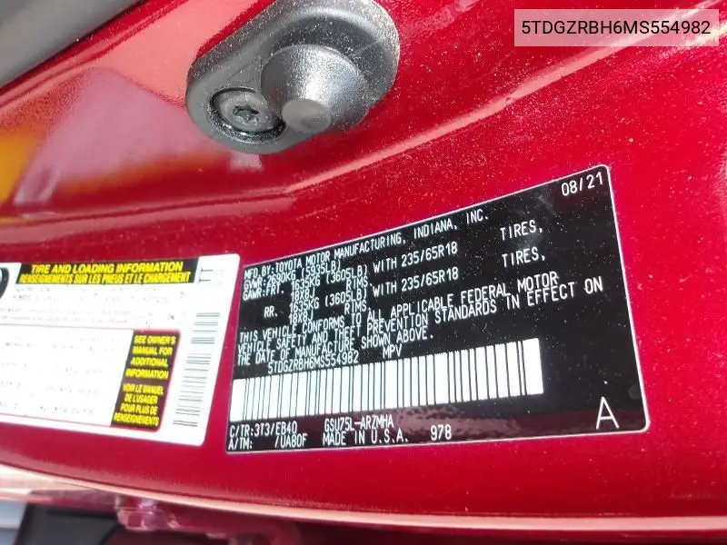 2021 Toyota Highlander Xle VIN: 5TDGZRBH6MS554982 Lot: 42271854