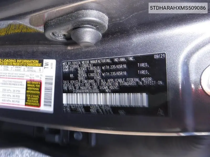 2021 Toyota Highlander Hybrid Xle VIN: 5TDHARAHXMS509086 Lot: 42271858