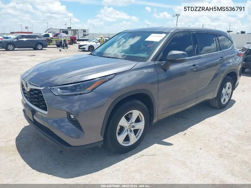 2021 Toyota Highlander Le VIN: 5TDZZRAH5MS536791 Lot: 42578468