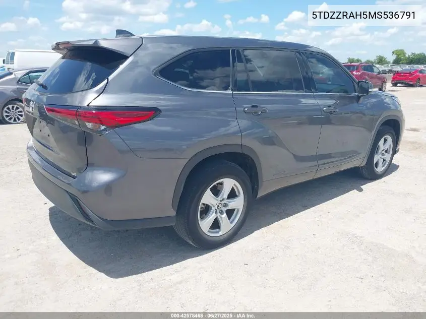 2021 Toyota Highlander Le VIN: 5TDZZRAH5MS536791 Lot: 42578468