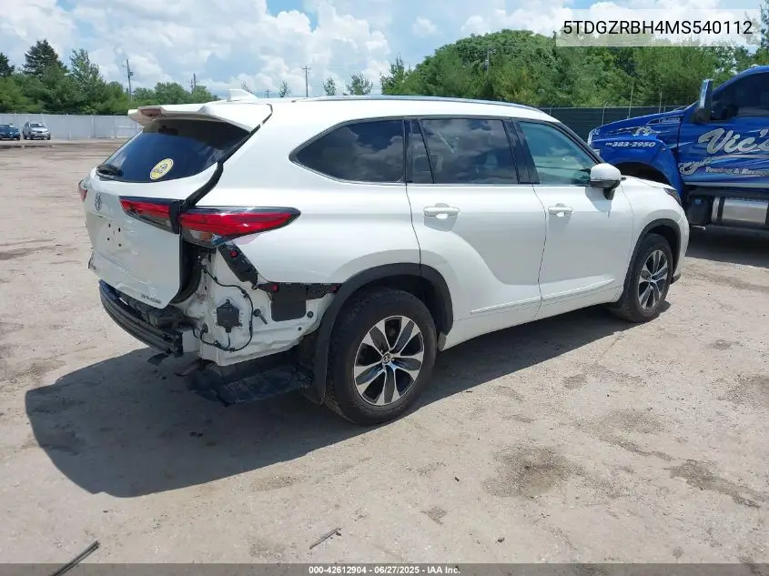 2021 Toyota Highlander Xle VIN: 5TDGZRBH4MS540112 Lot: 42612904