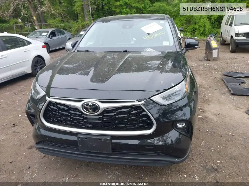 2022 Toyota Highlander Le VIN: 5TDBZRBH6NS194608 Lot: 42258410