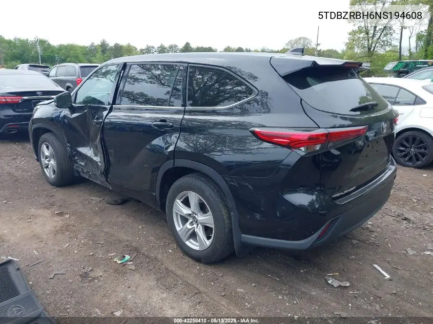 2022 Toyota Highlander Le VIN: 5TDBZRBH6NS194608 Lot: 42258410