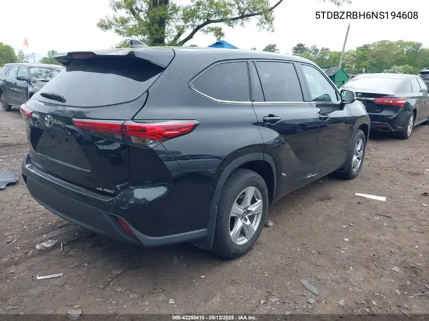 2022 Toyota Highlander Le VIN: 5TDBZRBH6NS194608 Lot: 42258410