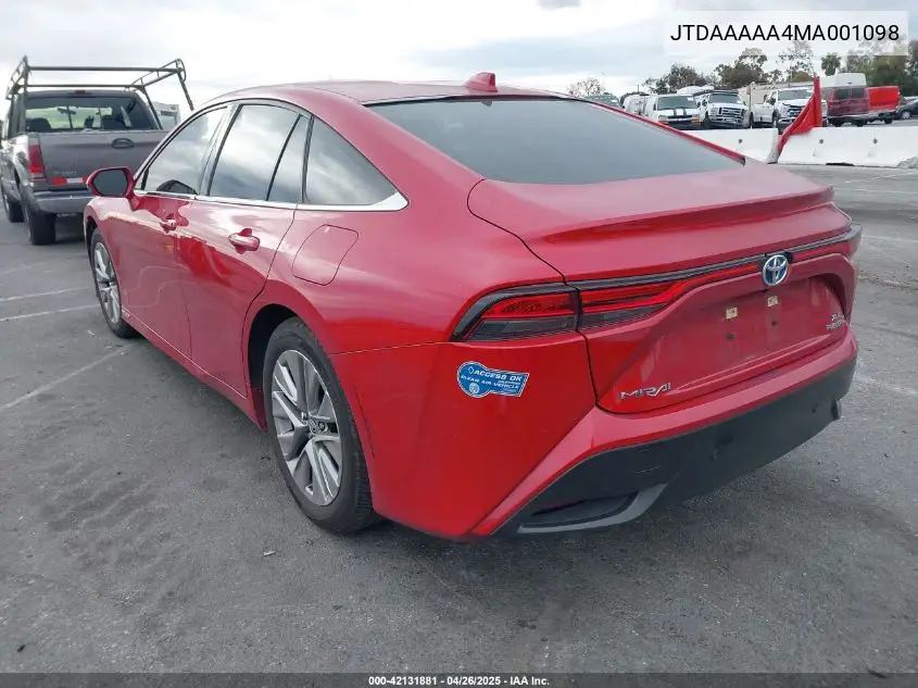 2021 Toyota Mirai Xle VIN: JTDAAAAA4MA001098 Lot: 42131881