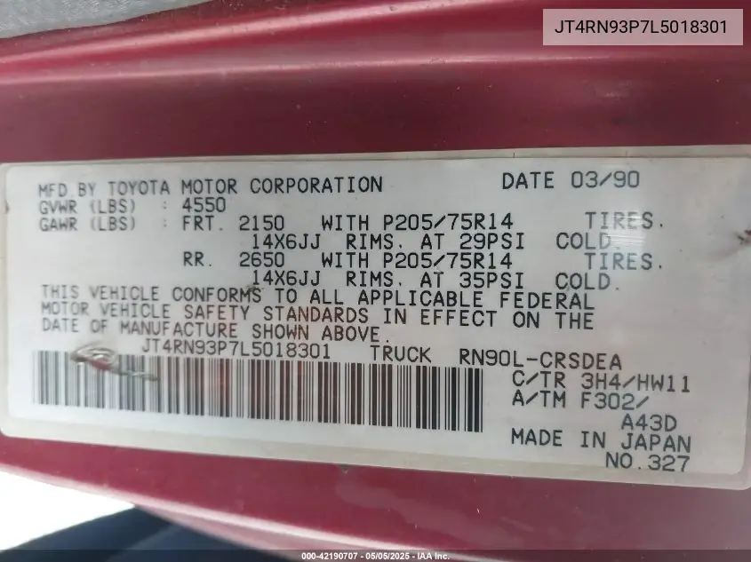 1990 Toyota Pickup 1/2 Ton Ex Lng Whlbse Dlx VIN: JT4RN93P7L5018301 Lot: 42190707