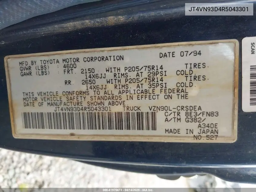 1994 Toyota Pickup 1/2 Ton Ex Lng Whlbase/Dx VIN: JT4VN93D4R5043301 Lot: 41970473