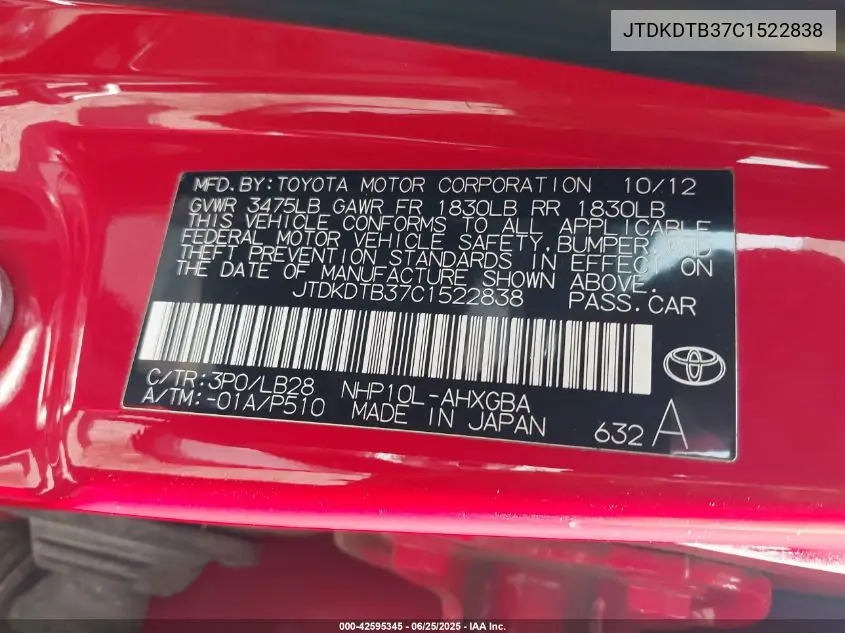 2012 Toyota Prius C Four VIN: JTDKDTB37C1522838 Lot: 42595345
