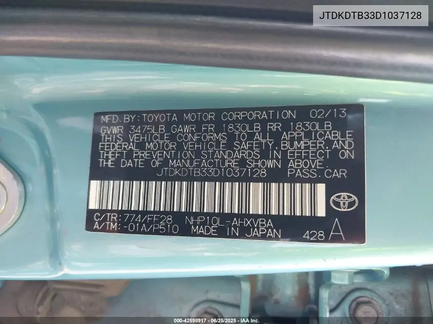 2013 Toyota Prius C Two VIN: JTDKDTB33D1037128 Lot: 42598917