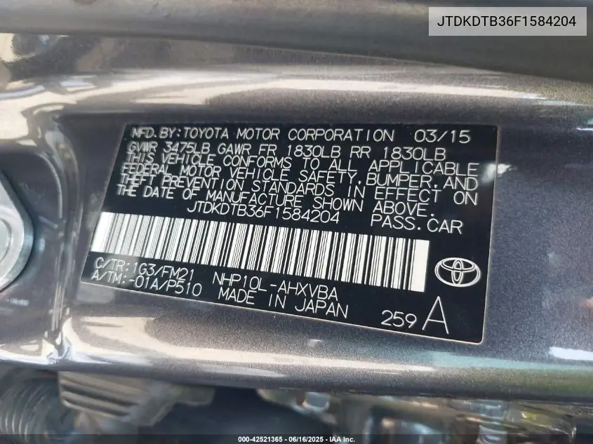2015 Toyota Prius C Two VIN: JTDKDTB36F1584204 Lot: 42521365
