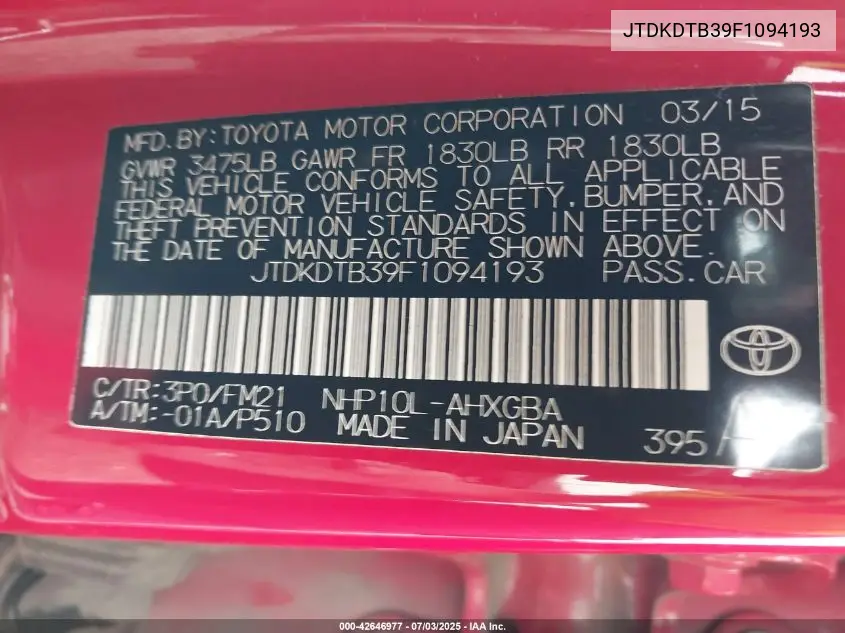 2015 Toyota Prius C Three VIN: JTDKDTB39F1094193 Lot: 42646977